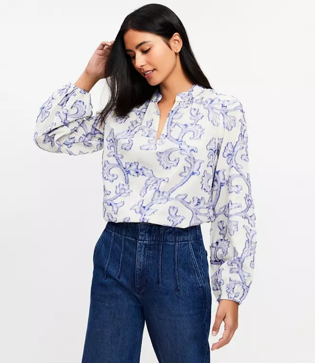 Vine Jacquard V-Neck Blouse | LOFT