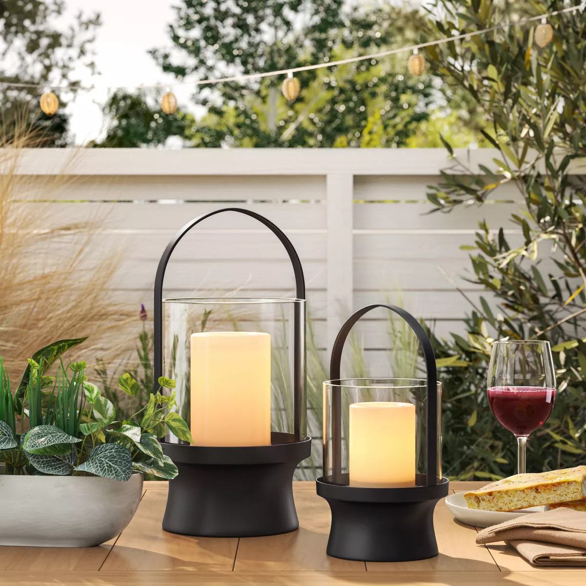 Modern Metal and Glass Battery LED Pillar Candle Outdoor Lantern Black - Threshold™ | Target