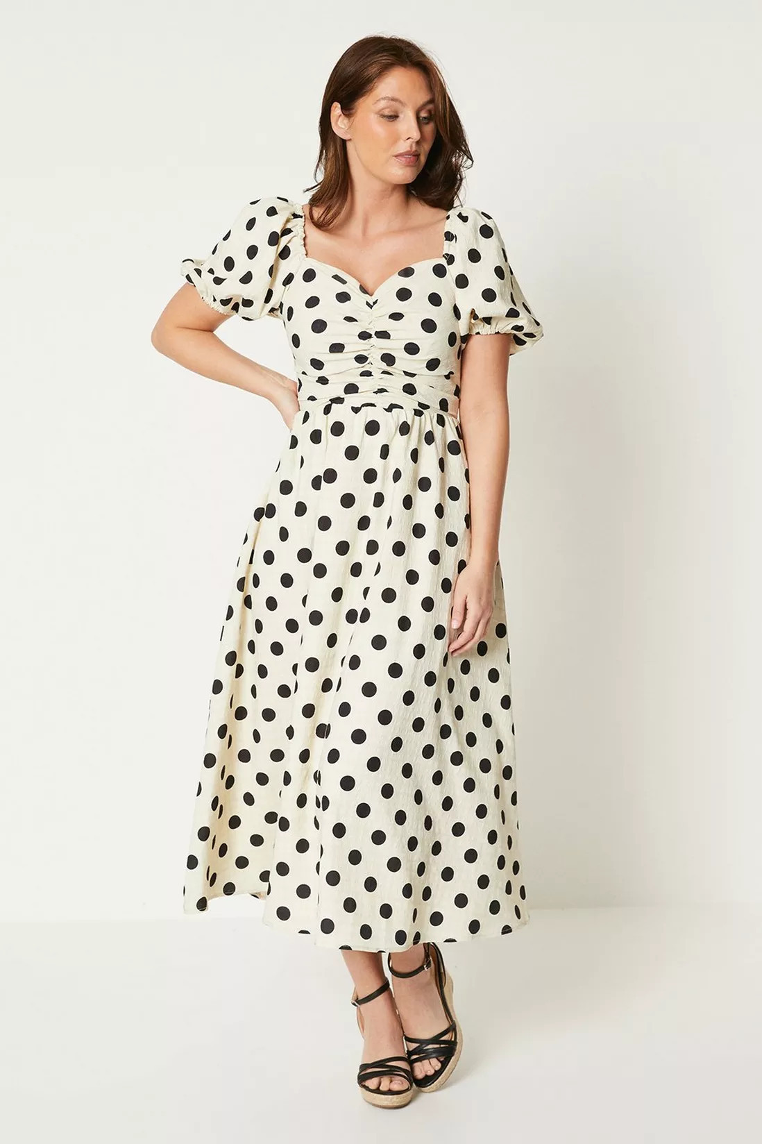 Puff Sleeve Spot Midi Dress | Debenhams UK