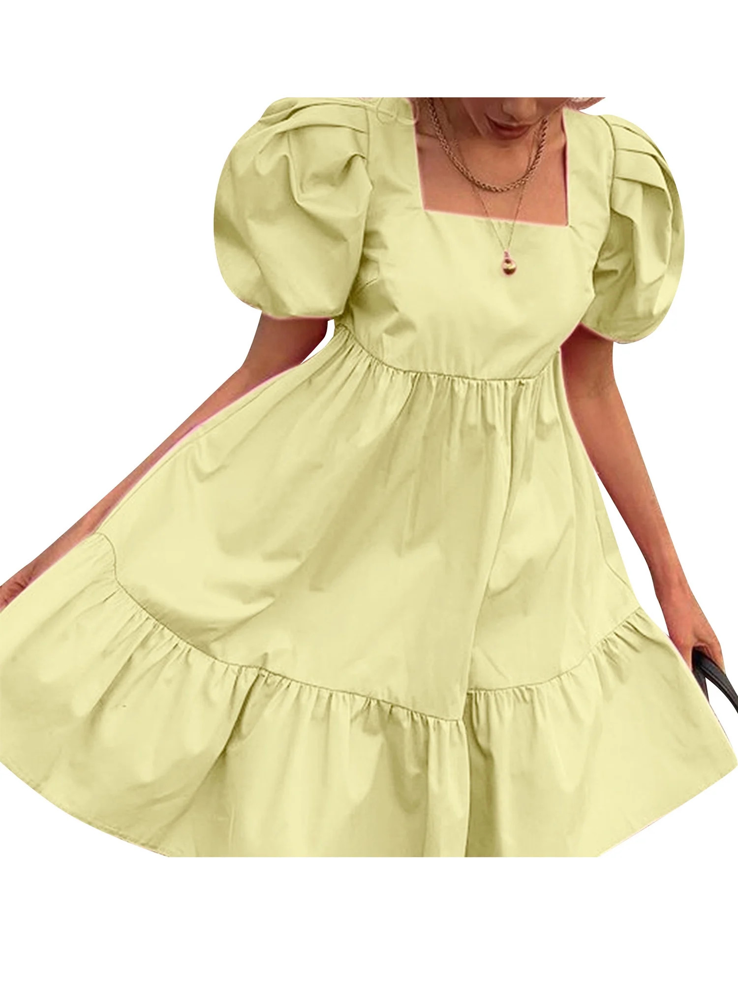 Bebiullo Women Puff Sleeve Vacation Princess Dress Solid Color Square Collar Ruffled A-Line Dress... | Walmart (US)