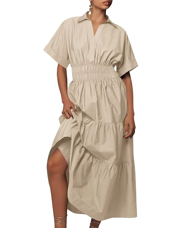 Wenrine Womens Summer Short Sleeve Maxi Dresses Casual V Neck Smocked Loose Tiered Flowy Shirt Dr... | Amazon (US)