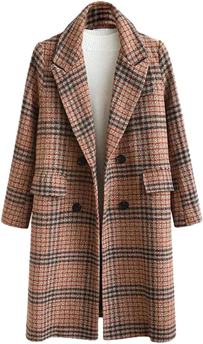 Women's Winter Oversize Lapel Collar Woolen Plaid Double Breasted Long Peacoat Jacket | Amazon (US)