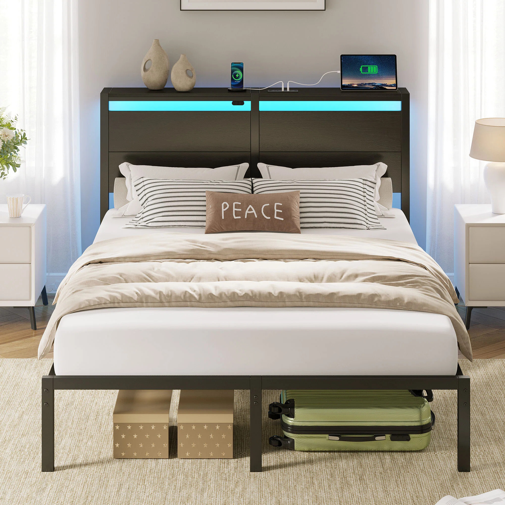 Deviana Metal Bed with Headboard and Charging Station, LED Light Included | Wayfair North America
