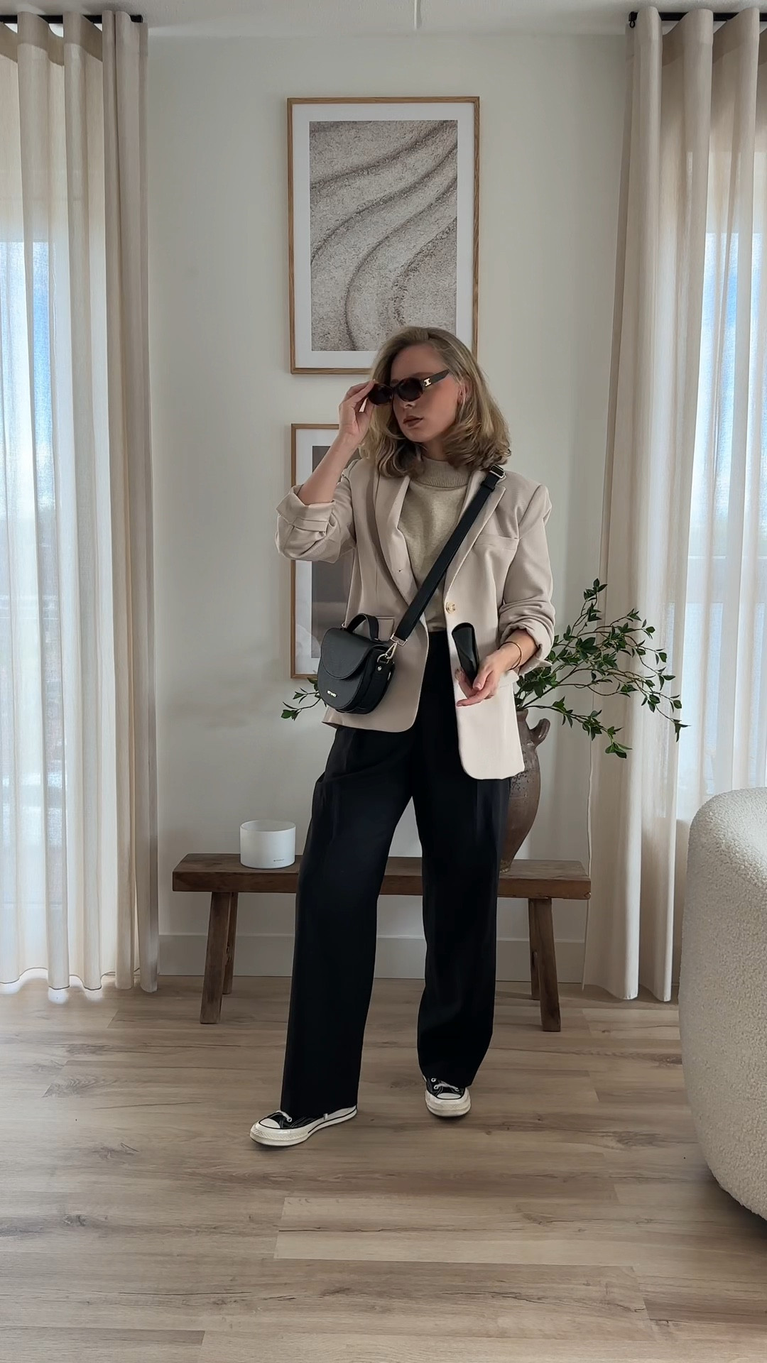 Simple but classy outfits are my favorite 🤍

Black wool trousers, beige blazer, beige knitted tshirt, black round leather bag, black converse and my Celine triomphe sunglasses 🕶️ 

#LTKworkwear #LTKfindsunder100 #LTKstyletip