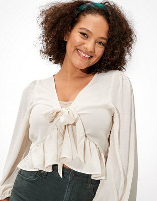 AE Silky Tie-Front Blouse | American Eagle Outfitters (US & CA)