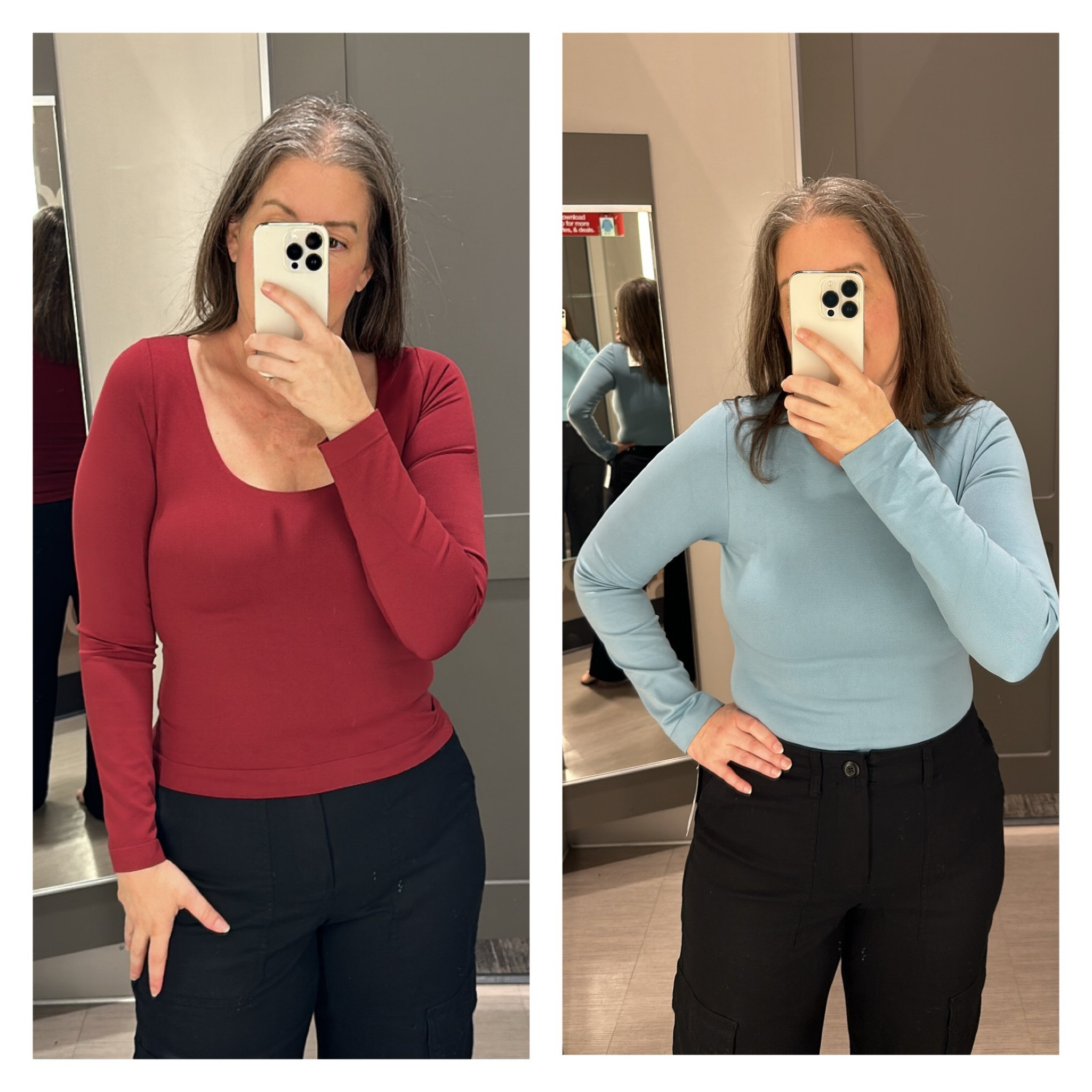 Love the scoop neck on the red top and the teal bodysuit is double lined  

#LTKOver40 #LTKMidsize #LTKStyleTip