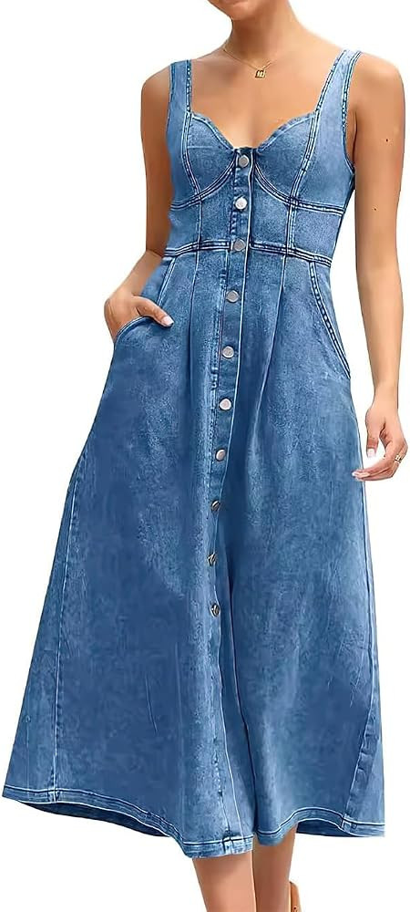 utcoco Denim Dress for Women Sleeveless Button Down Slim Fit Midi Jean Dresses for Women 2025 | Amazon (US)