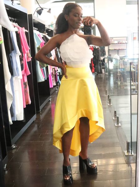 Loved this rosette appliqué top and yellow skirt combination for an ultra feminine party outfit. Opt for the white top and skirt and you have a bridal look!

#LTKstyletip #LTKwedding #LTKparties