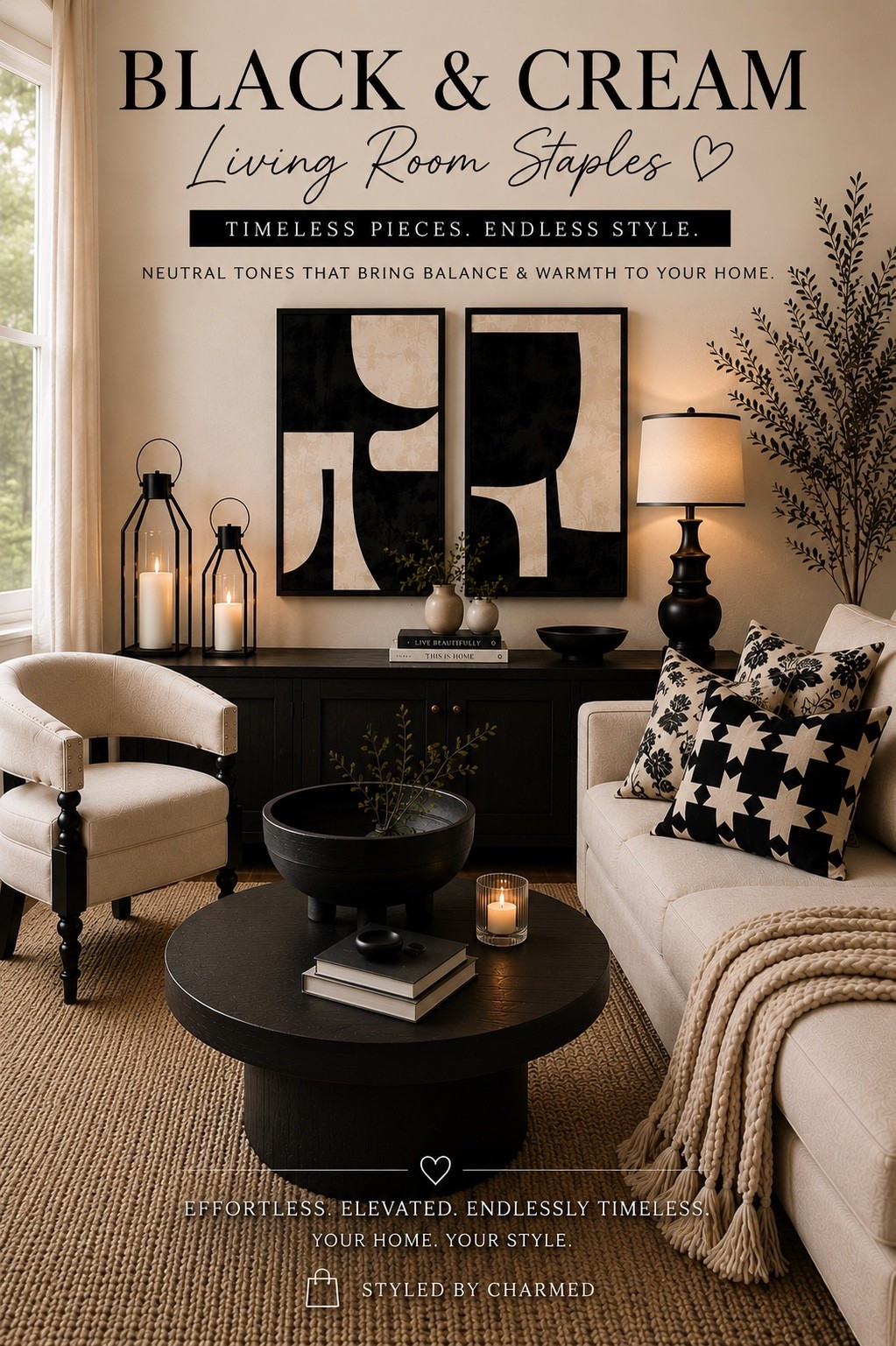 Black & cream decor will forever feel timeless 😭🖤

The mix of warm neutrals, bold contrast, soft textures, and cozy lighting instantly makes a living room feel more elevated and pulled together without overdoing it. This whole vibe feels calm, rich, and designer styled.

Everything linked on my LTK 🤍

#LTKHome #NeutralDecor #LivingRoomDecor #ModernOrganicStyle #StyledByCharmed

#LTKU #LTKSaleAlert #LTKHome