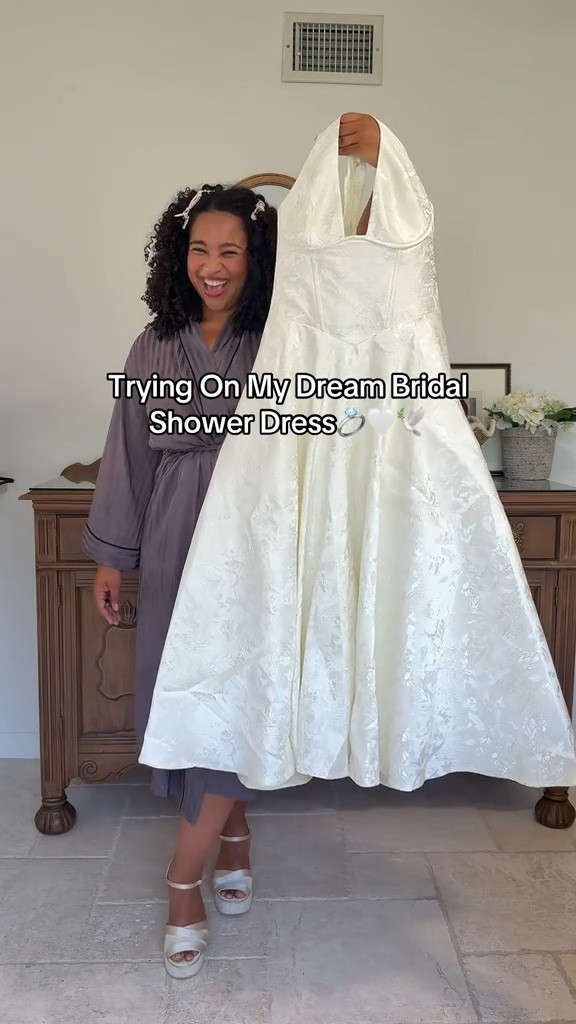 BRIDAL SHOWER DRESS YES OR NO?!?!😭😭😭I LOVEEEE HER!!!! #bridalshowerdress #whitedress #bridetobe #bridetok #bridesoftiktok 

#LTKWedding #LTKMidsize #LTKParties