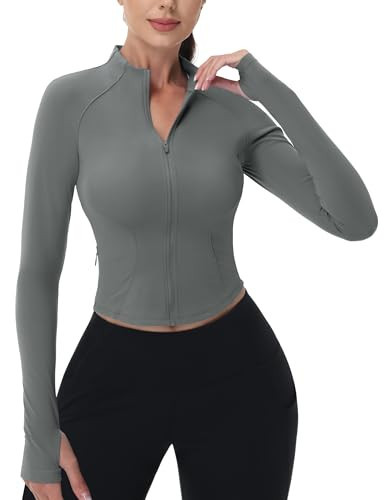 MAGCOMSEN Cropped Zip Up Workout Jackets Women Light Weight Athletic BBL Jacket Long Sleeve Yoga Tops Full Zip Running Activewear Grey S | Amazon (US)