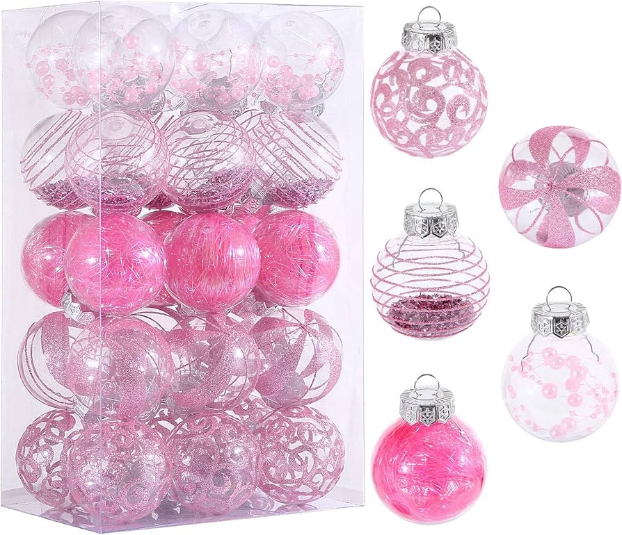 60MM/2.36" Christmas Ornaments Set, 30pcs Clear Christmas Ornaments Pink Christmas Ball Decorativ... | Amazon (US)