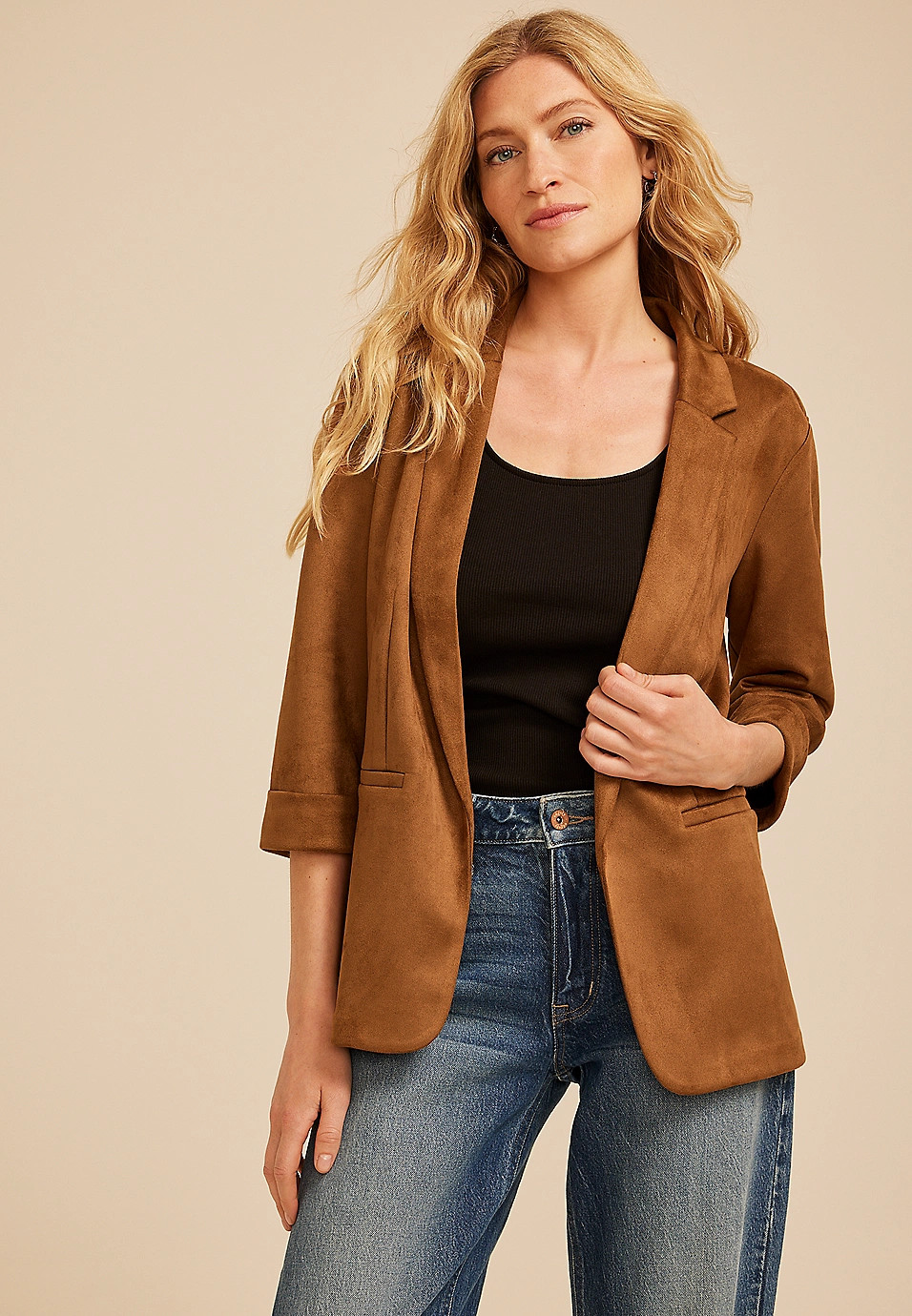 Faux Suede Open Front Blazer | Maurices