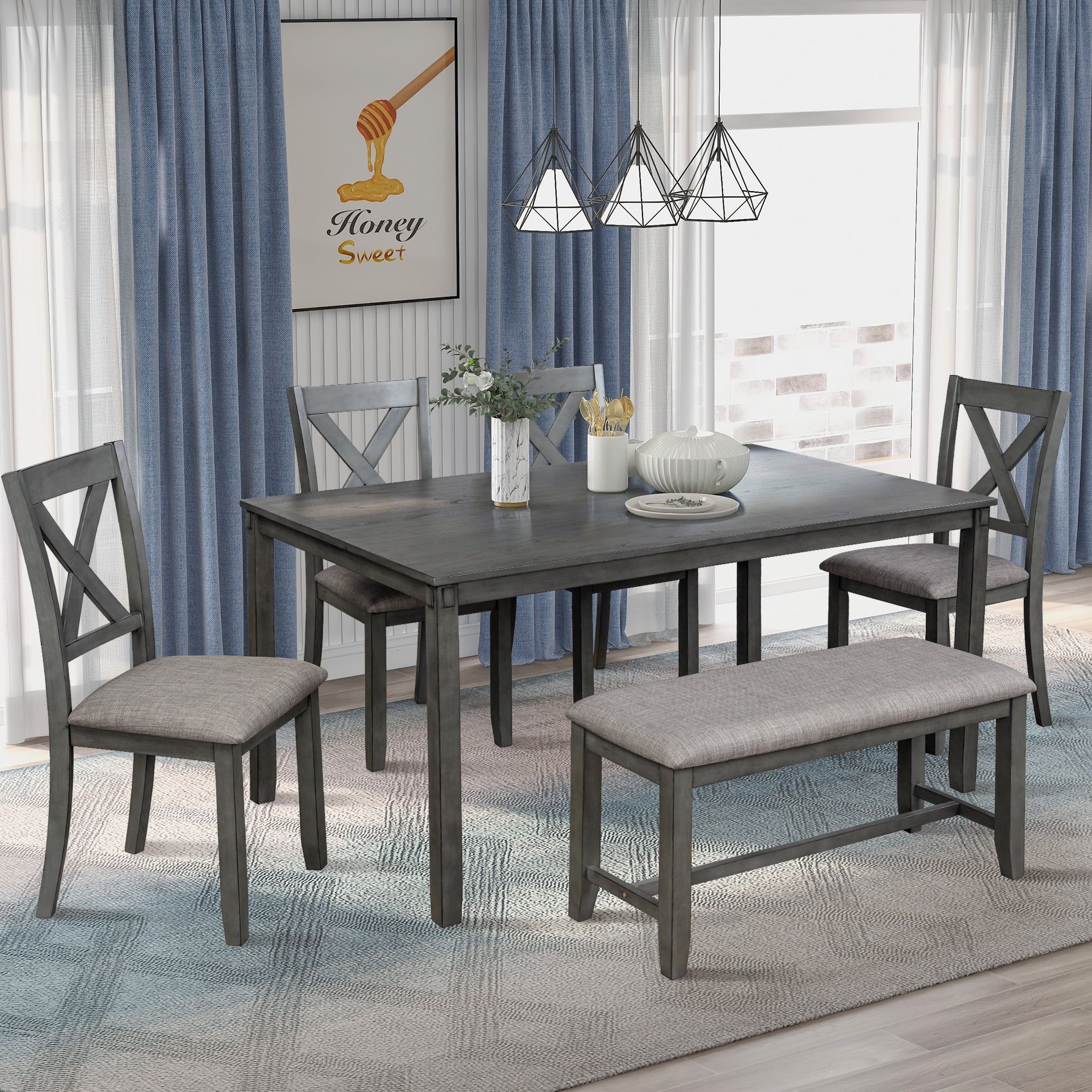 6 Piece Dining Table Set, Modern Home Dining Set with Table, Bench & 4 Cushioned Chairs, Wood Rec... | Walmart (US)