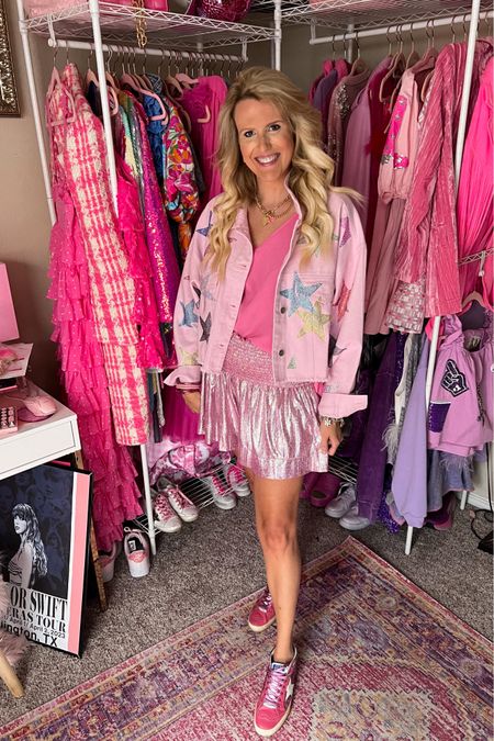 Pink star denim jacket on sale 
Also comes in denim
Queen of sparkles swing shorts
Golden goose pink sneakers


#LTKsalealert #LTKshoecrush #LTKunder50