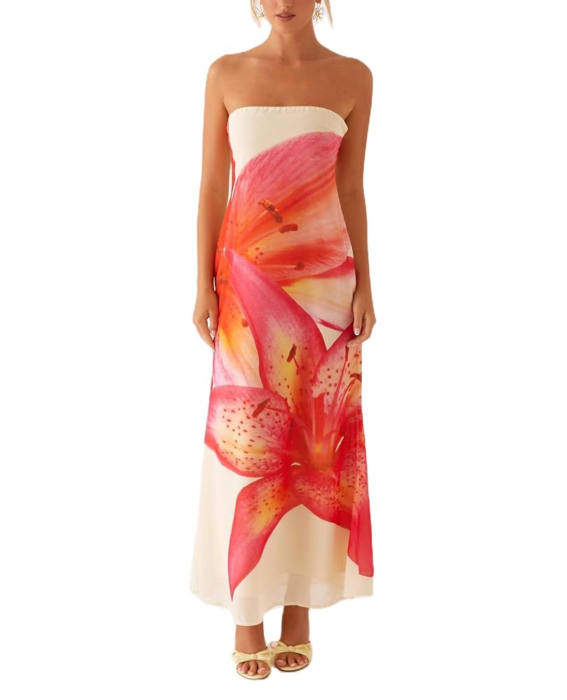 Women Floral Formal Strapless Dress Sexy Backless Maxi Long Dresses Y2K Sleeveless Mesh Bodycon T... | Amazon (US)