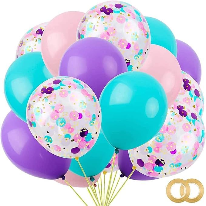 RUBFAC 60pcs Mermaid Balloons with Latex Confetti Balloons, Light Pink Purple Blue Balloons and R... | Amazon (US)