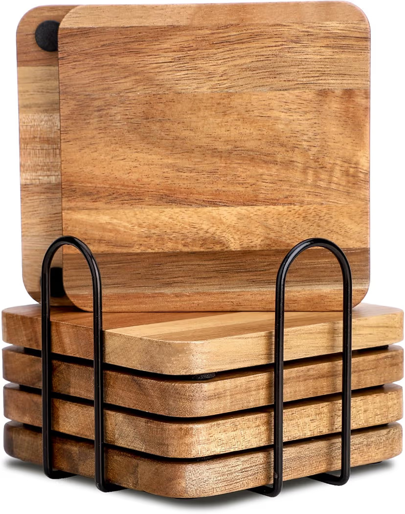 Acacia Wood Coasters Square for Drinks Tabletop Protection with Holder Set of 6, Wooden Coaster f... | Amazon (US)