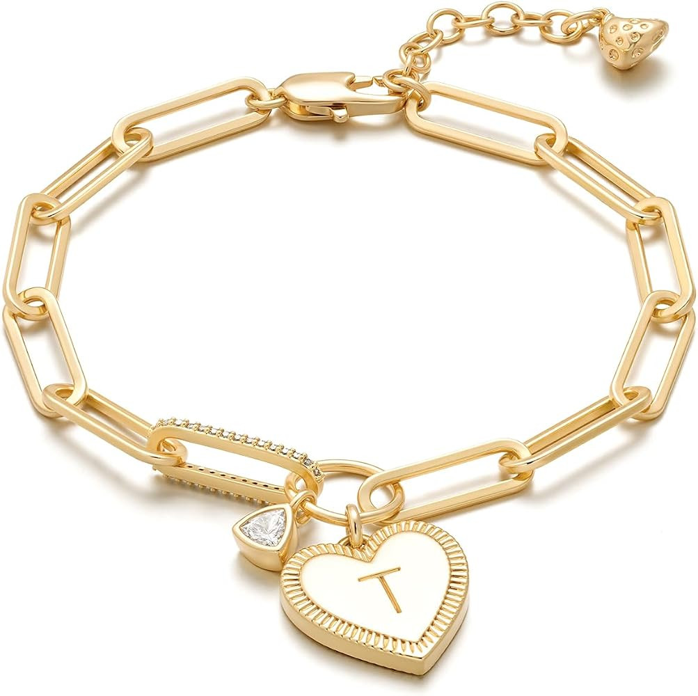 Valentines Day Gifts for Women - Gold Initial Bracelets for Women Trendy 14K Gold Plated Heart Le... | Amazon (US)