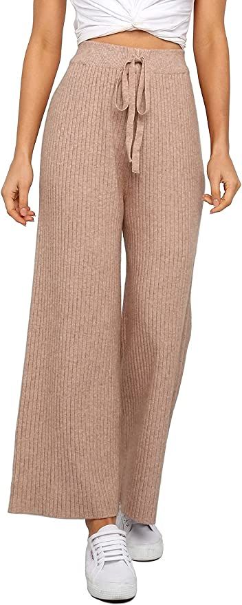 Waitfairy Womens Solid Rib Knit Wide Leg Pants Elastic Waist Flowy Sweater Pants | Amazon (US)