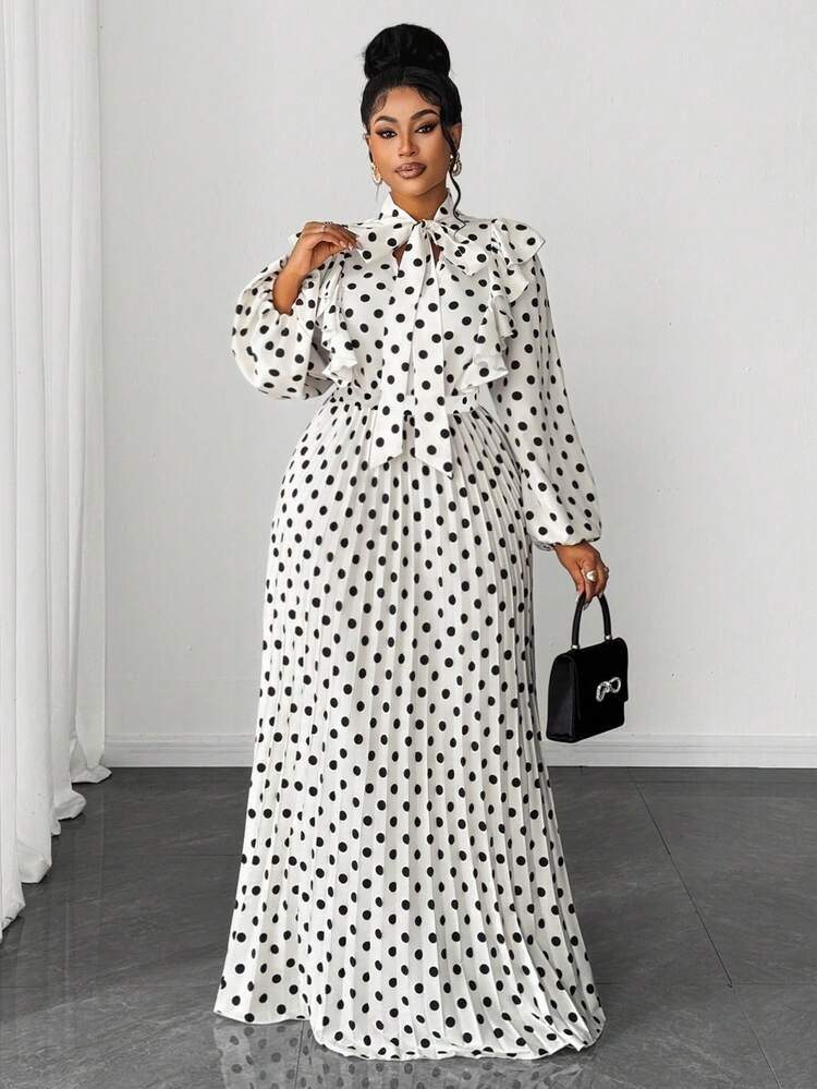 Plus Size Women's Elegant Romantic Delicate French Polka Dot Wedding Guest V-Neck Chiffon Ruffle Sleeve Cinched Waist Pleated Flowing Maxi Dress | SHEIN