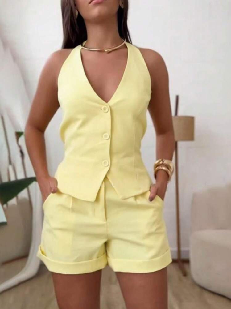 2 Pieces Summer Outfits V Neck Button Front Sleeveless Tank And Casual Pocket Design Shorts Set | SHEIN