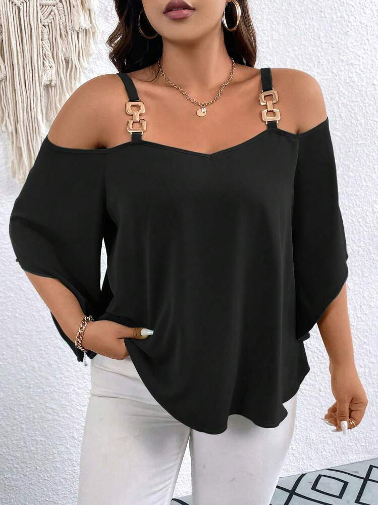 Elenzga Plus Size Solid Cold Shoulder Blouse | SHEIN