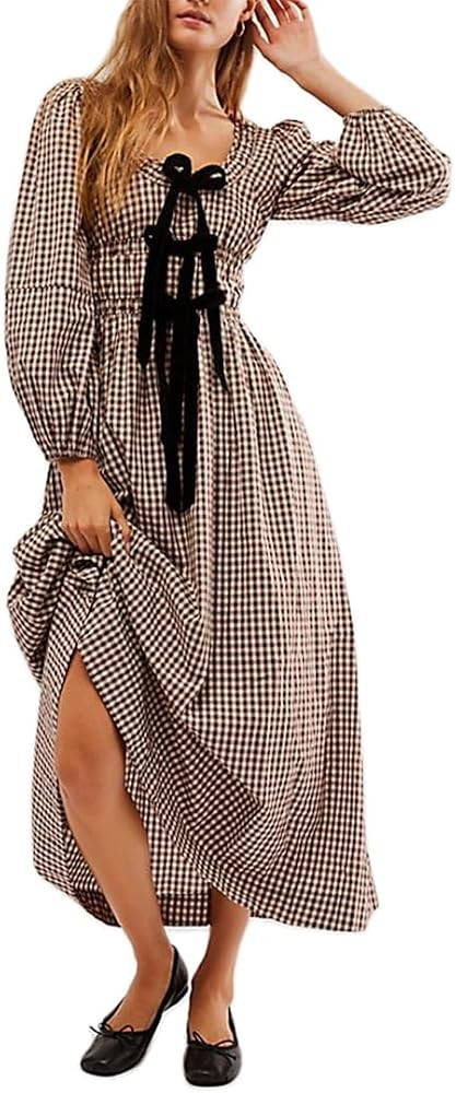 Womens Long Sleeve Gingham Dress with Bow Tie Milkmaid Fall Dresses Cottagecore Plaid Square Neck... | Amazon (US)