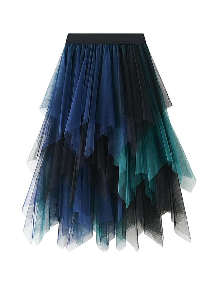 Tulle Skirts for Women 3 Layered High Low Asymmetrical Midi Length Elastic Waist Mesh Tutu Skirt | Amazon (US)
