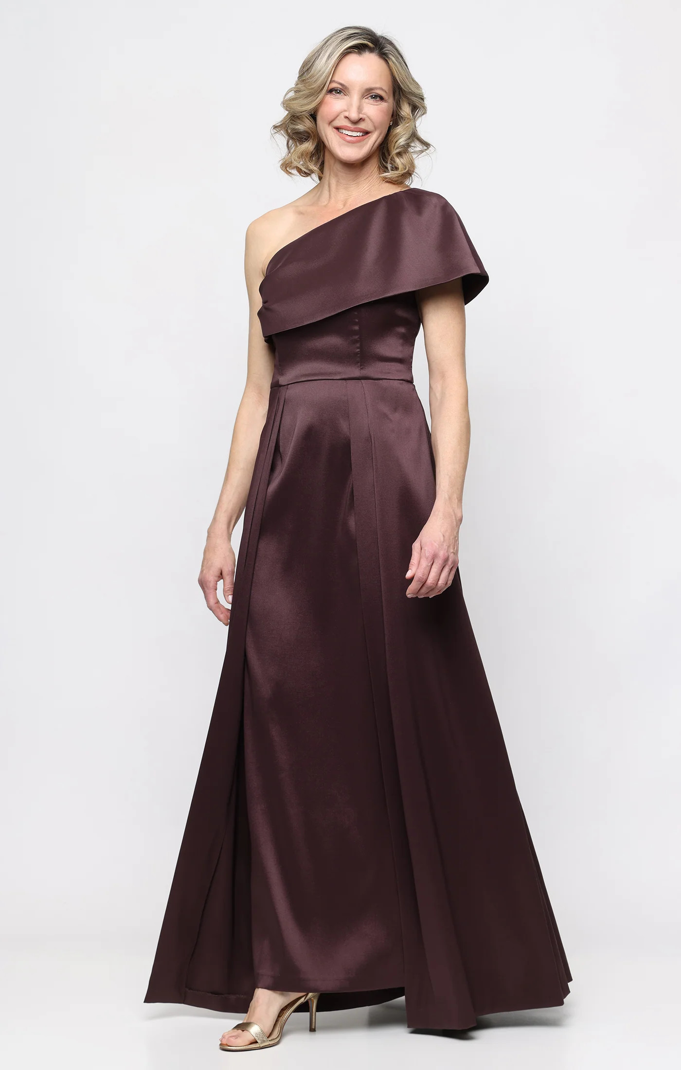 *Long Stretch Mikado One Shoulder Dress with Foldover Neckline | Alex Evenings