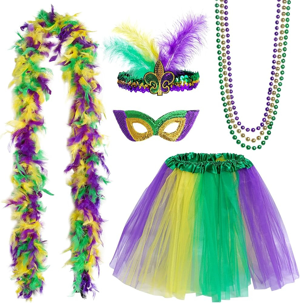 Mardi Gras Costume Accessory Set Tutu Skirt, Faux Feather Headband, Mask,Mardi Gras Beads,Feather... | Amazon (US)
