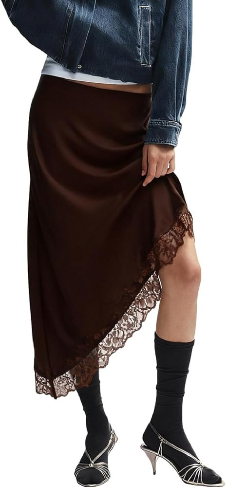 Women Lace Trim Satin Long Skirt Asymmetrical Silk Lace Skirt Elegant Elastic Waist Flowy A Line ... | Amazon (US)