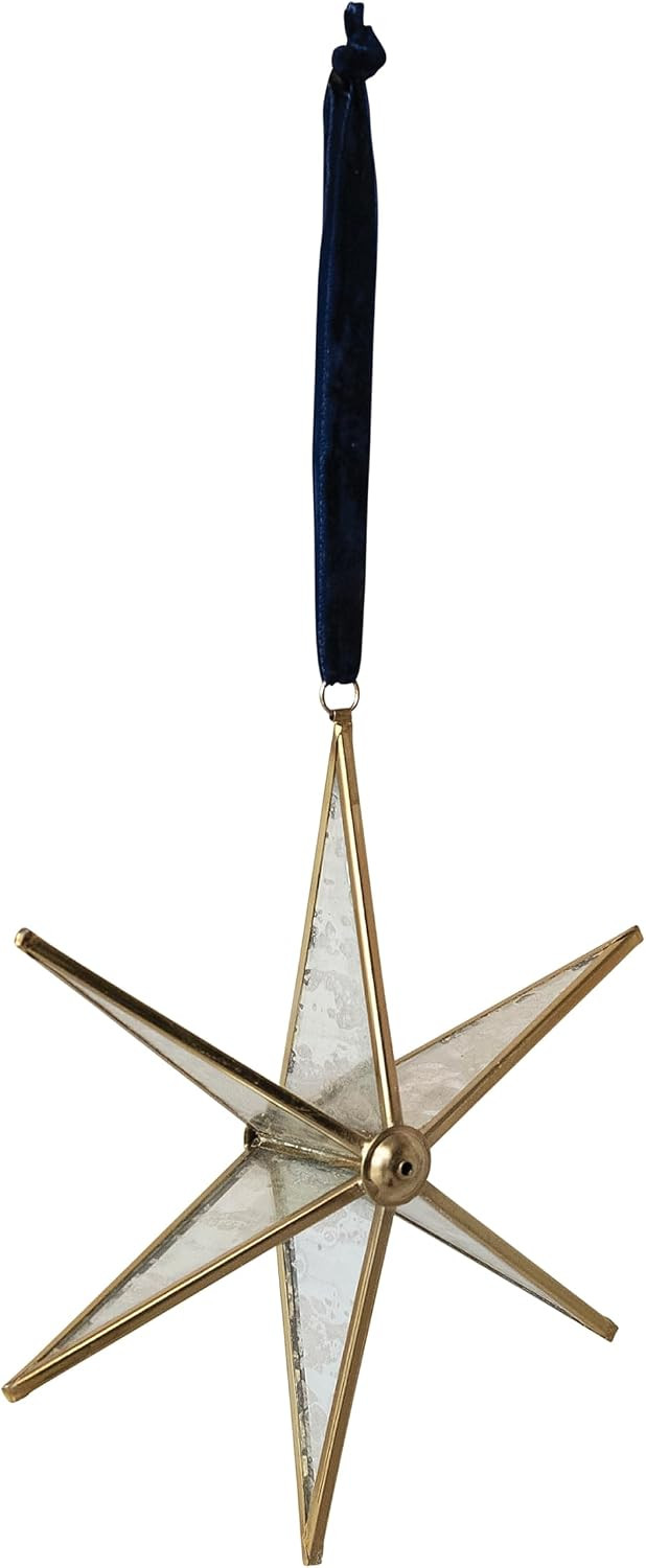 Creative Co-Op Golden Glass & Brass Star Ornament with Velvet Hanger | Amazon (US)