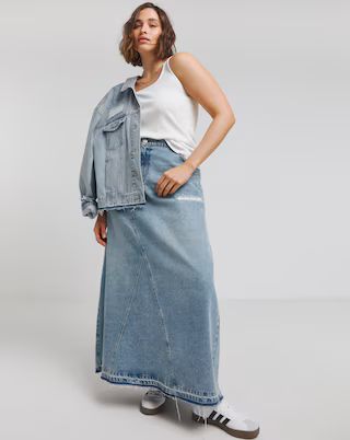 Light Wash Rip and Repair Denim Maxi Skirt | Simply Be | Simply Be (UK)