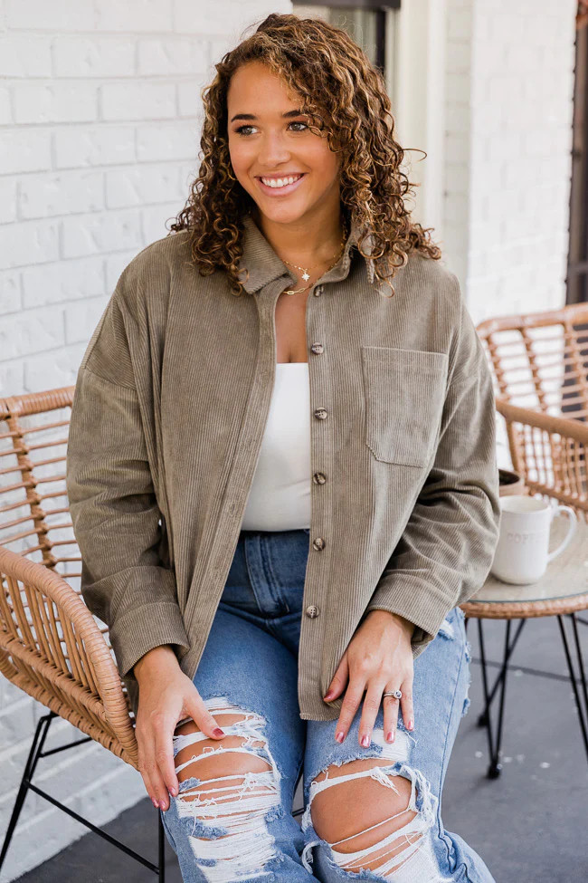 Among Your Thoughts Olive Corded Shacket | Pink Lily