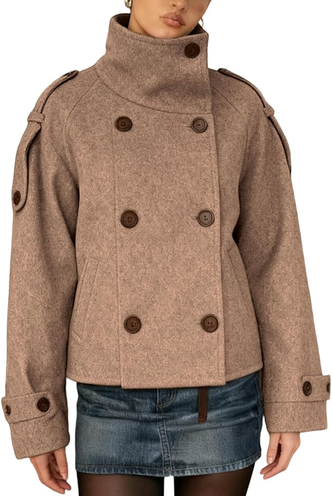 Womens Cropped Wool Blend Pea Coat Short Stand Collar Trench Coat Casual Trendy Fall Winter Coat ... | Amazon (US)