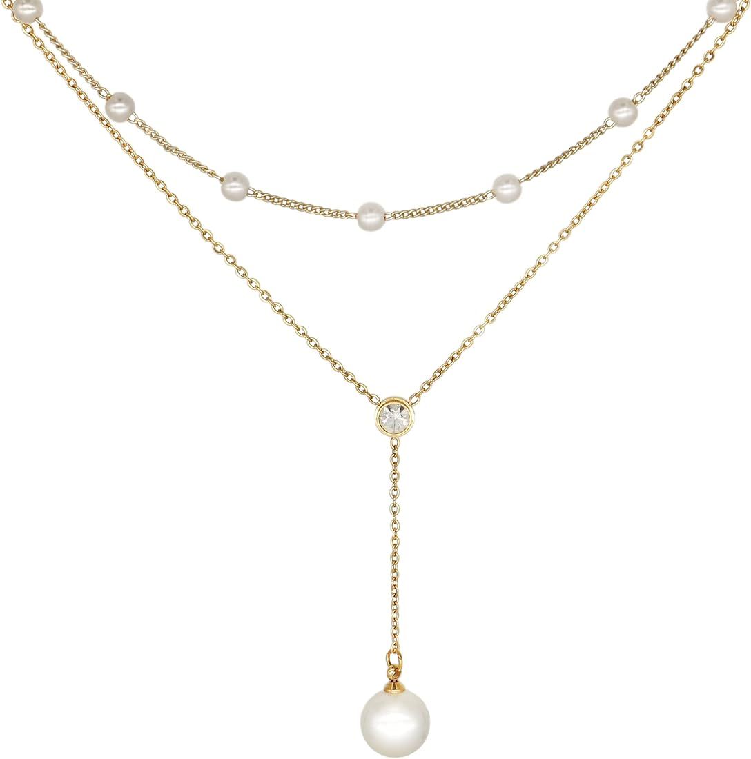 Jean Beau Gold Pearl Rhinestone Layered Necklaces for Women Girls - Dainty Long Drop Rhinestone Z... | Amazon (US)
