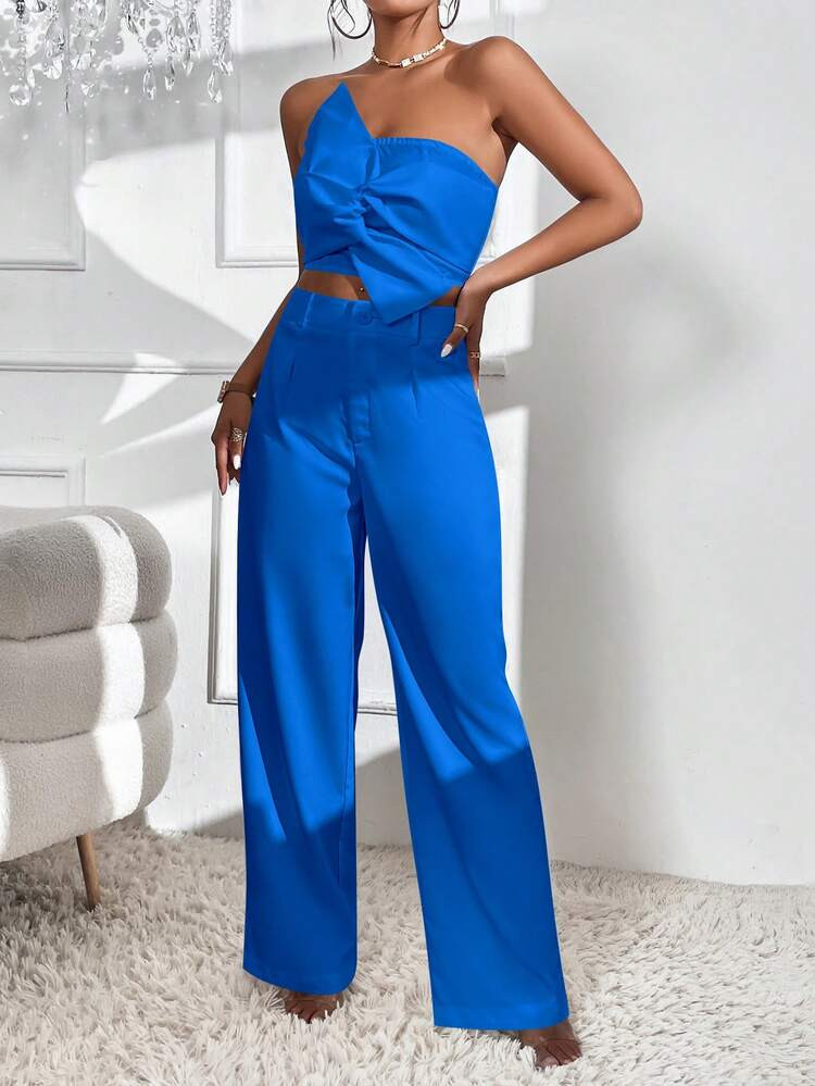 SHEIN privé Twist Front Crop Top & Wide Leg Pants | SHEIN