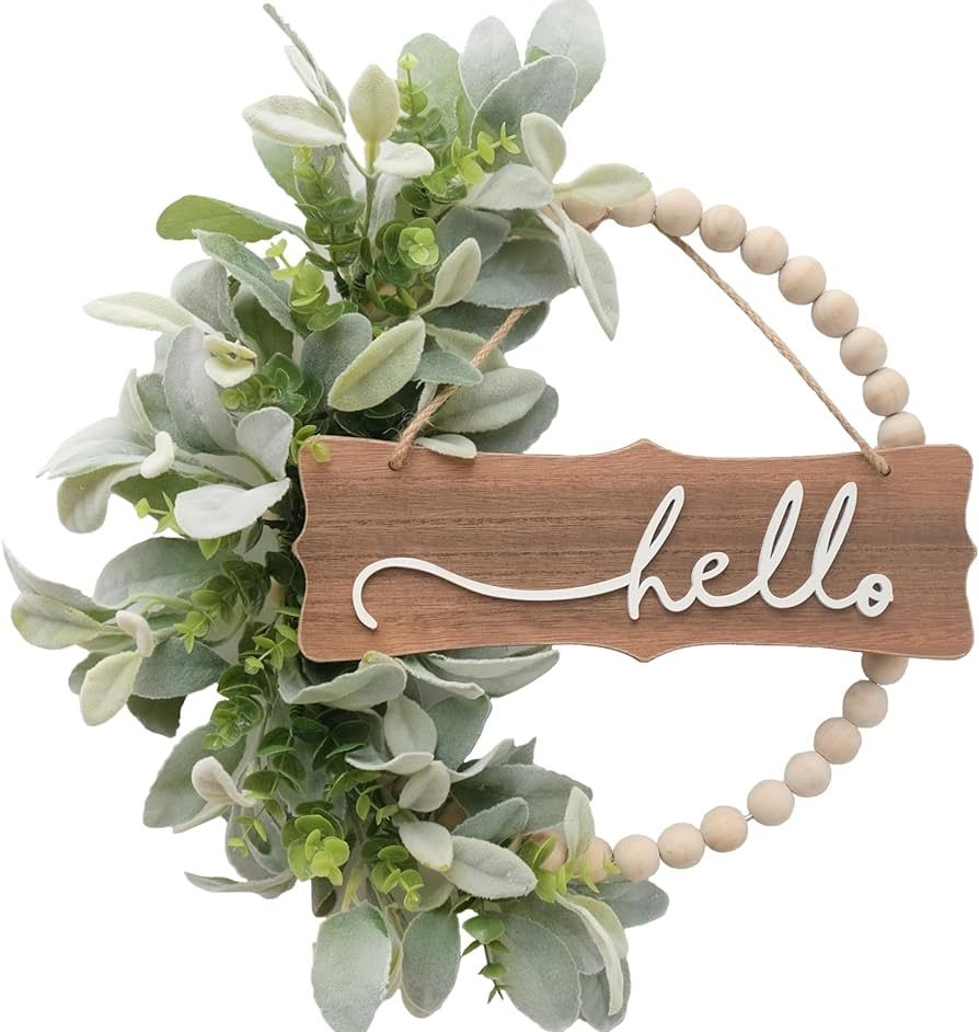 Spring Wreath for Front Door, Wood Bead Wreaths with Artificial Lambs Ears Leaves, Hello and Welc... | Amazon (US)