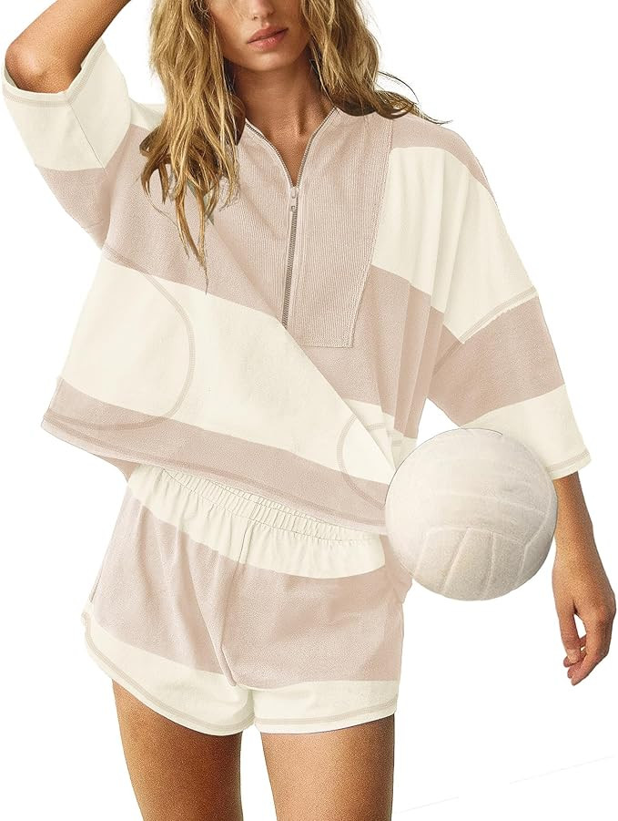 ReachMe Womens Workout Striped Short Sets 2 Piece Outfits Summer Matching Lounge Sets Top and Sho... | Amazon (US)