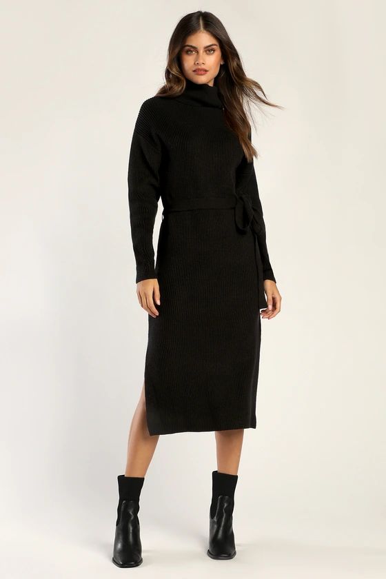 Snuggle Chic Black Knit Turtleneck Midi Sweater Dress | Lulus (US)