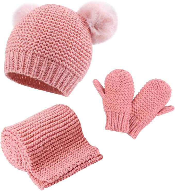Duoyeree Baby Winter Hat Scarf Glove Beanie Set Girls Boys Pom Pom Knitted Beanie Mitten Scarves ... | Amazon (US)