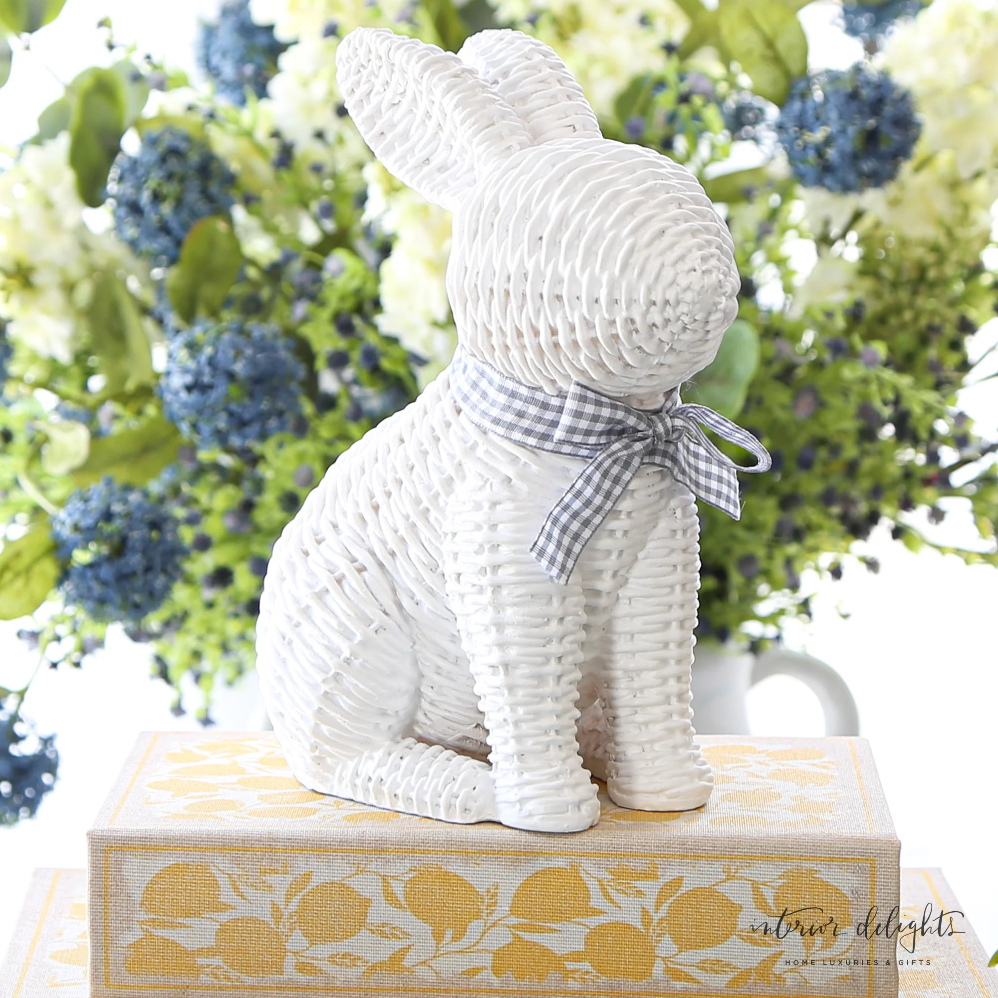 White Willow Bunnies with Gingham Ribbon- 2 Sizes | Interior Delights