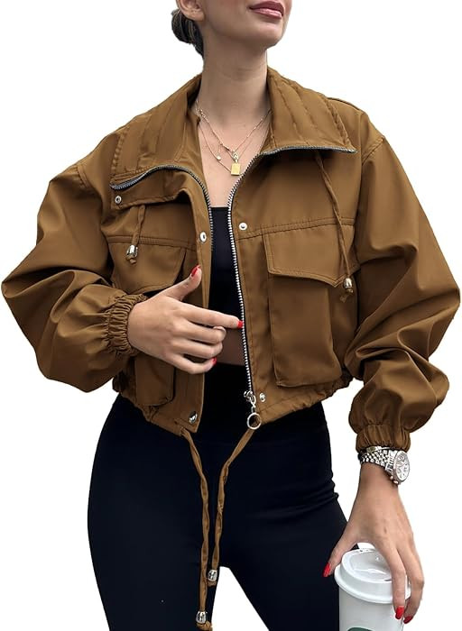 Tankaneo Womens Cropped Jacket Zip Up Lightweight Oversized Utility Anorak Coat with Pockets | Amazon (US)