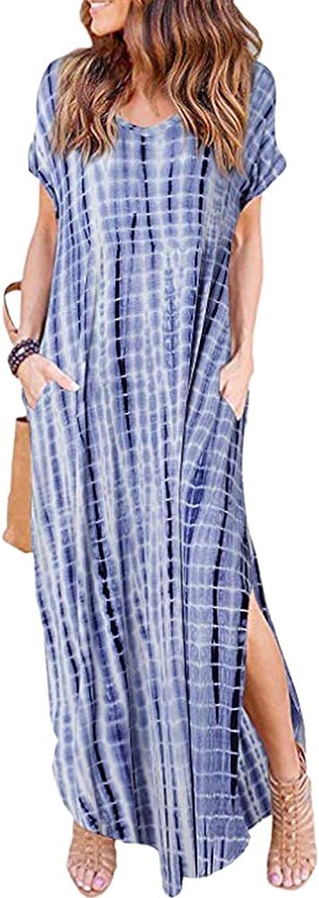 Women Summer Casual Maxi Dress Loose Pockets Short Sleeve Split Boho Dresses | Amazon (US)