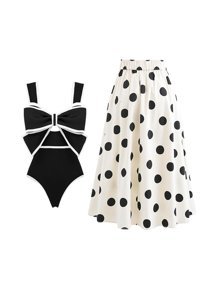 FLAXMAKER Black and White Swimsuit Bow-tie Decor Women's Polka dot Print Skirt One Piece Bathing ... | Amazon (US)