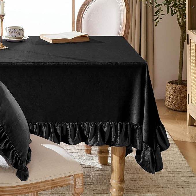 KKJIAF Black Velvet Tablecloth 60 x 102 Inch, Retro Farmhouse Ruffle Oblong Tablecloth Washable T... | Amazon (US)