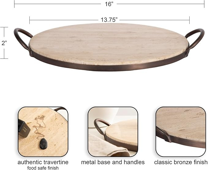Round Travertine Serving Tray with Handles, 14"x16" Natural Stone Coffee Table Tray or Charcuteri... | Amazon (US)