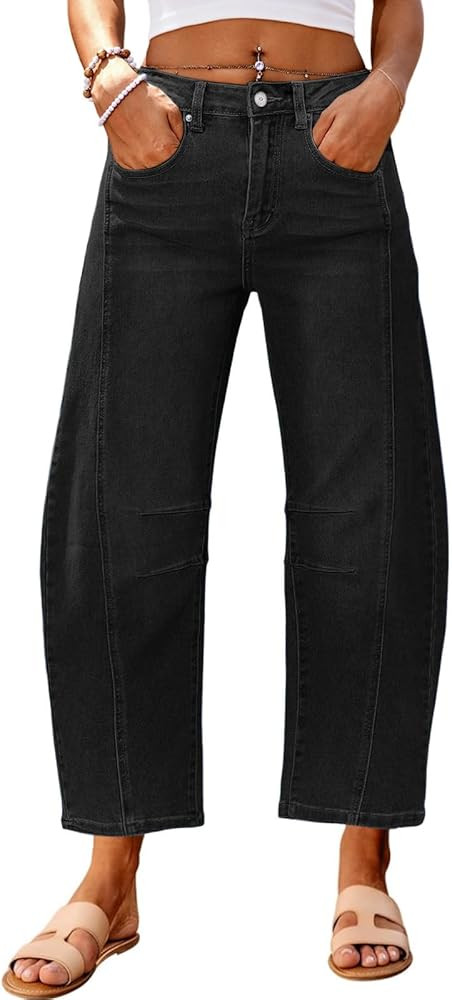 Genleck Barrel Jeans - Pantalones de mezclilla para mujer, pierna ancha, recortados, cintura alta... | Amazon (US)