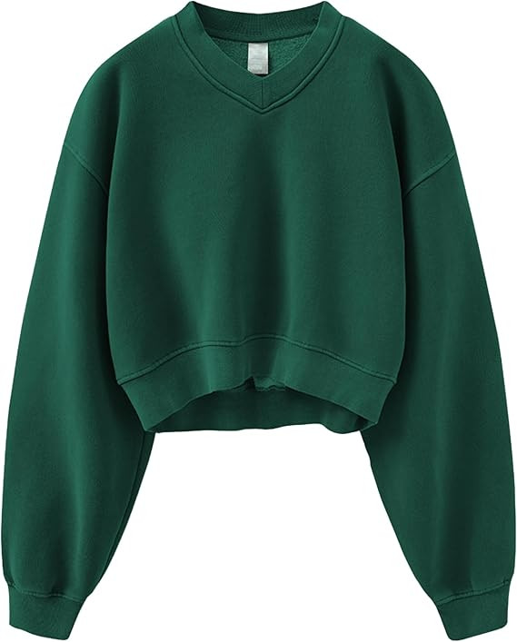 Women Casual Cropped Sweatshirt Basic Solid Long Sleeve Fleece V Neck Loose Drop Shoulder Pullover Crop Tops Vintage | Amazon (US)